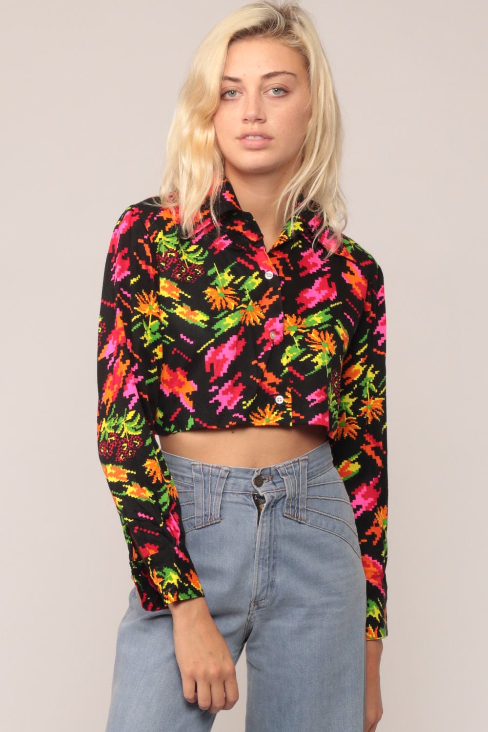 70s Pixelated Floral Crop Top Button-Up Blouse Neon Long Sleeve Small