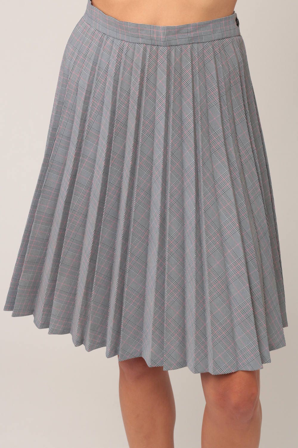 70s Black White Pink Houndstooth Pleated Midi Skirt High Waist Extra Small