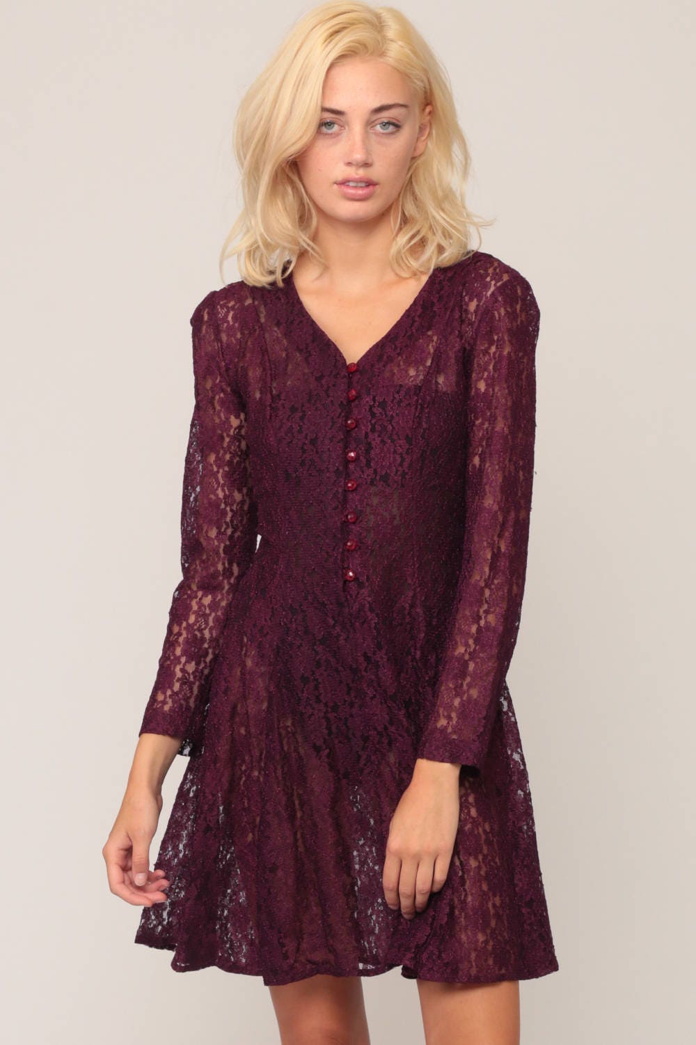 90s Purple Lace Mini Dress Button-Up Long Sleeve Sheer Fitted Small