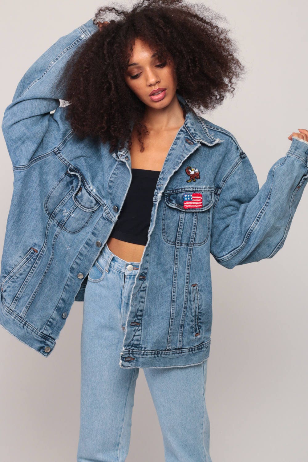 80s Lee Denim Jacket American Flag Eagle Patch Blue Unisex Extra Large