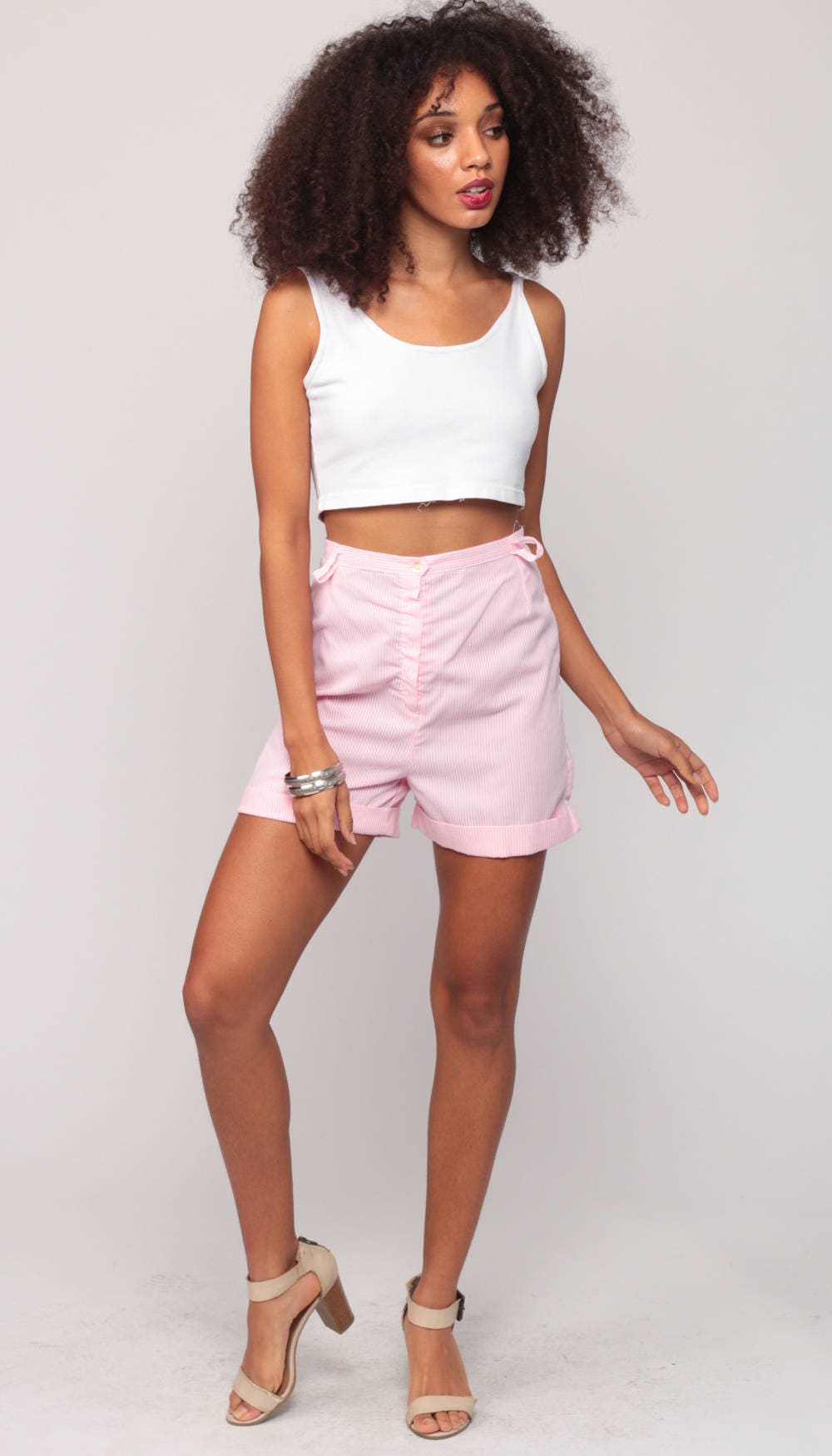 80s Seersucker Shorts Pink White Striped High Rise Small