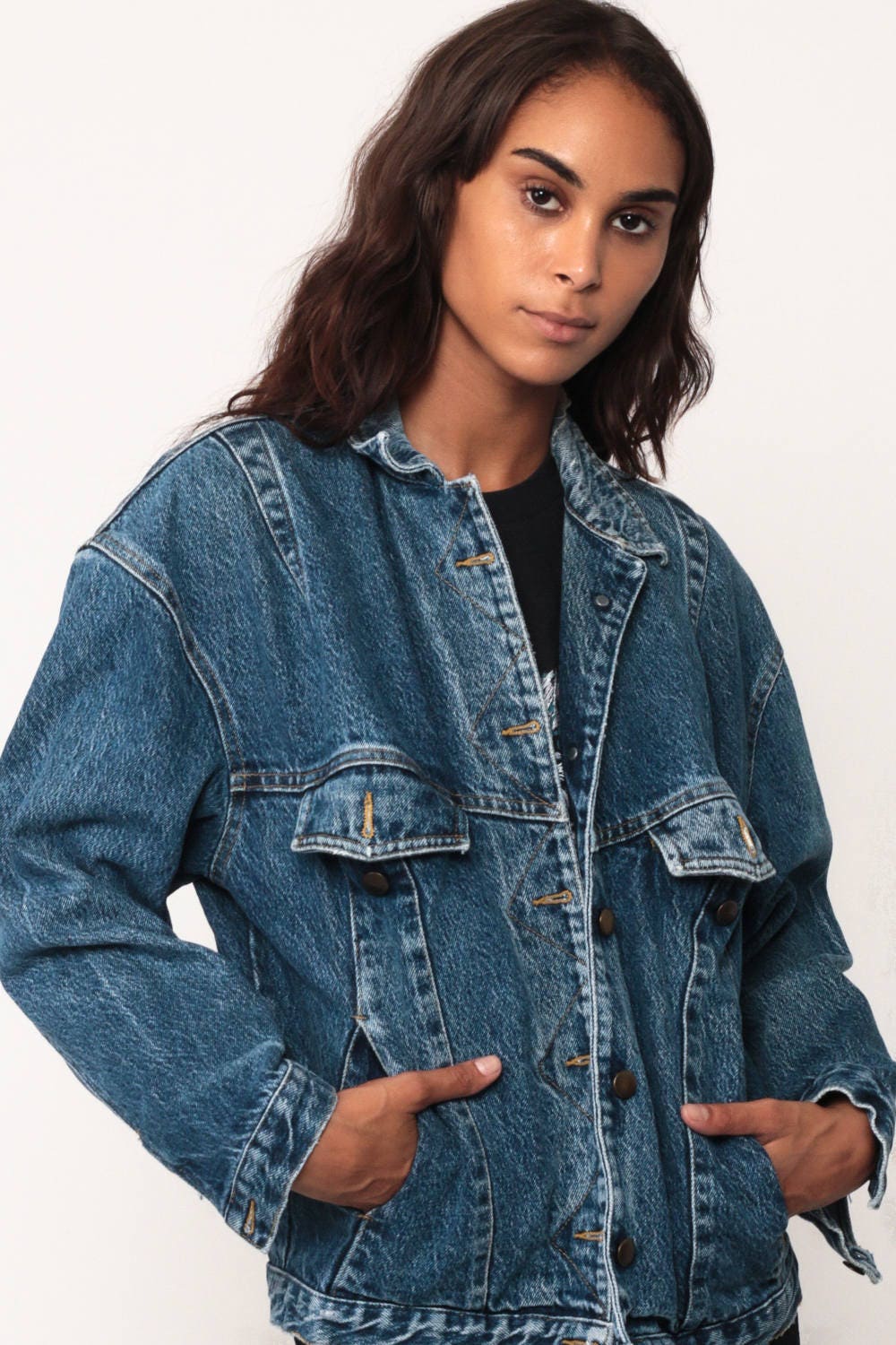 80s Blue Denim Jacket Trucker Jean Coat Button Front Medium