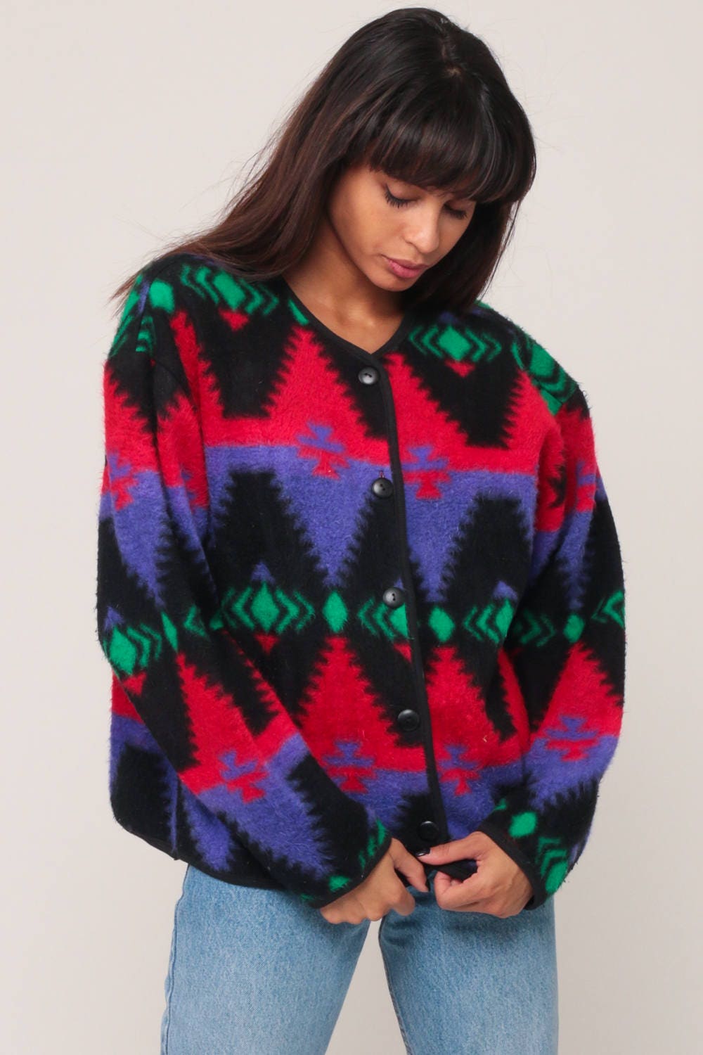 90s Tribal Fleece Jacket Aztec Print Button-Up Blazer Red Purple Medium