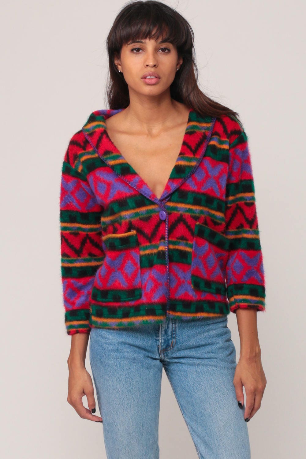 90s Southwestern Fleece Jacket Aztec Print Button Front Medium
