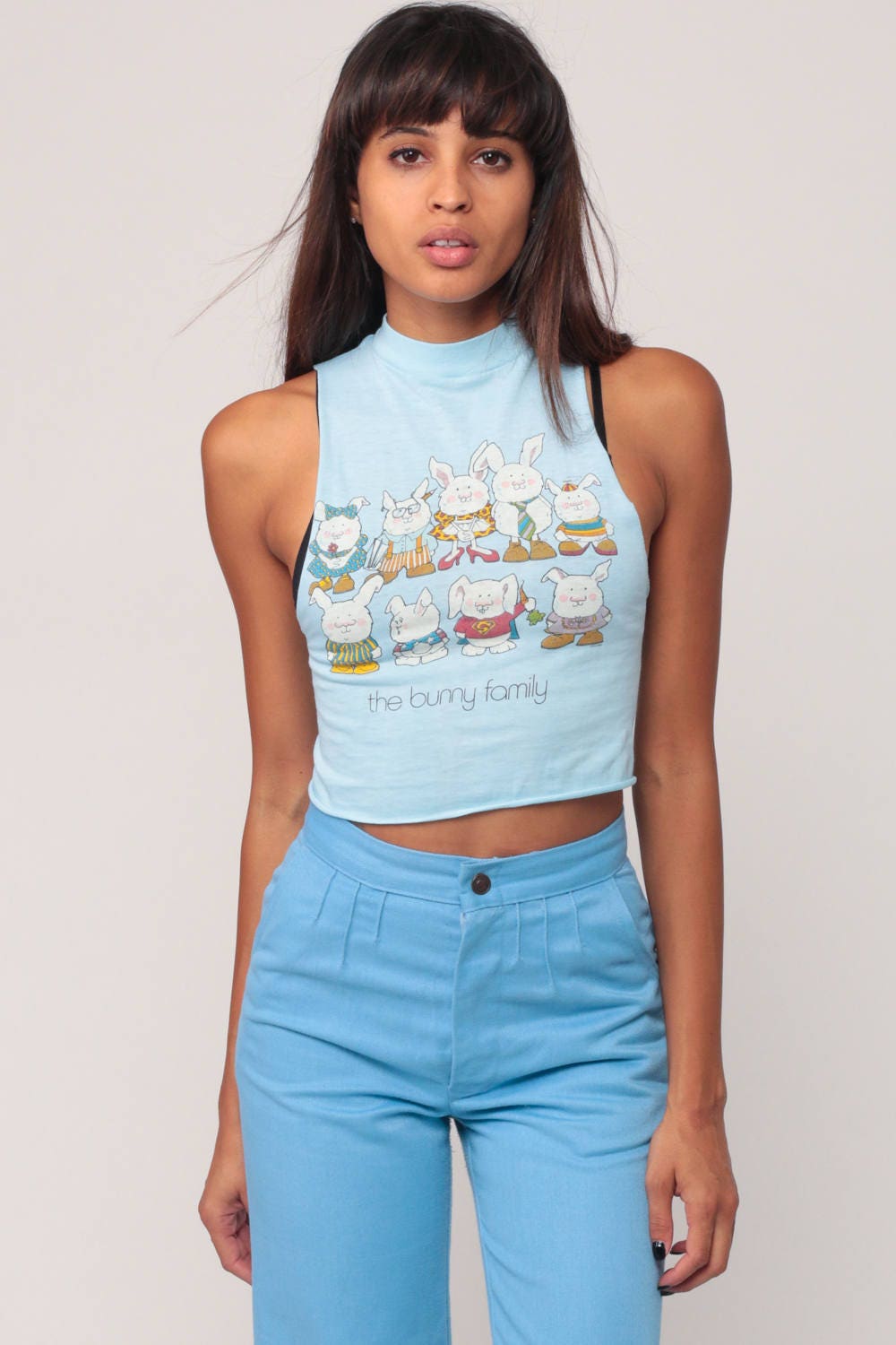 80s Bunny Family Crop Tank Top Baby Blue Graphic Tee Extra Small XXS