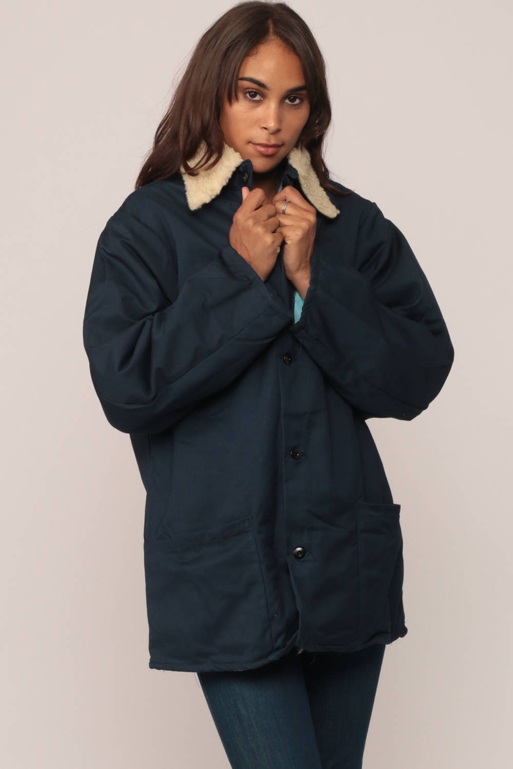 70s Dark Blue Sherpa Collar Jacket Faux Fur Lining Winter Coat Medium