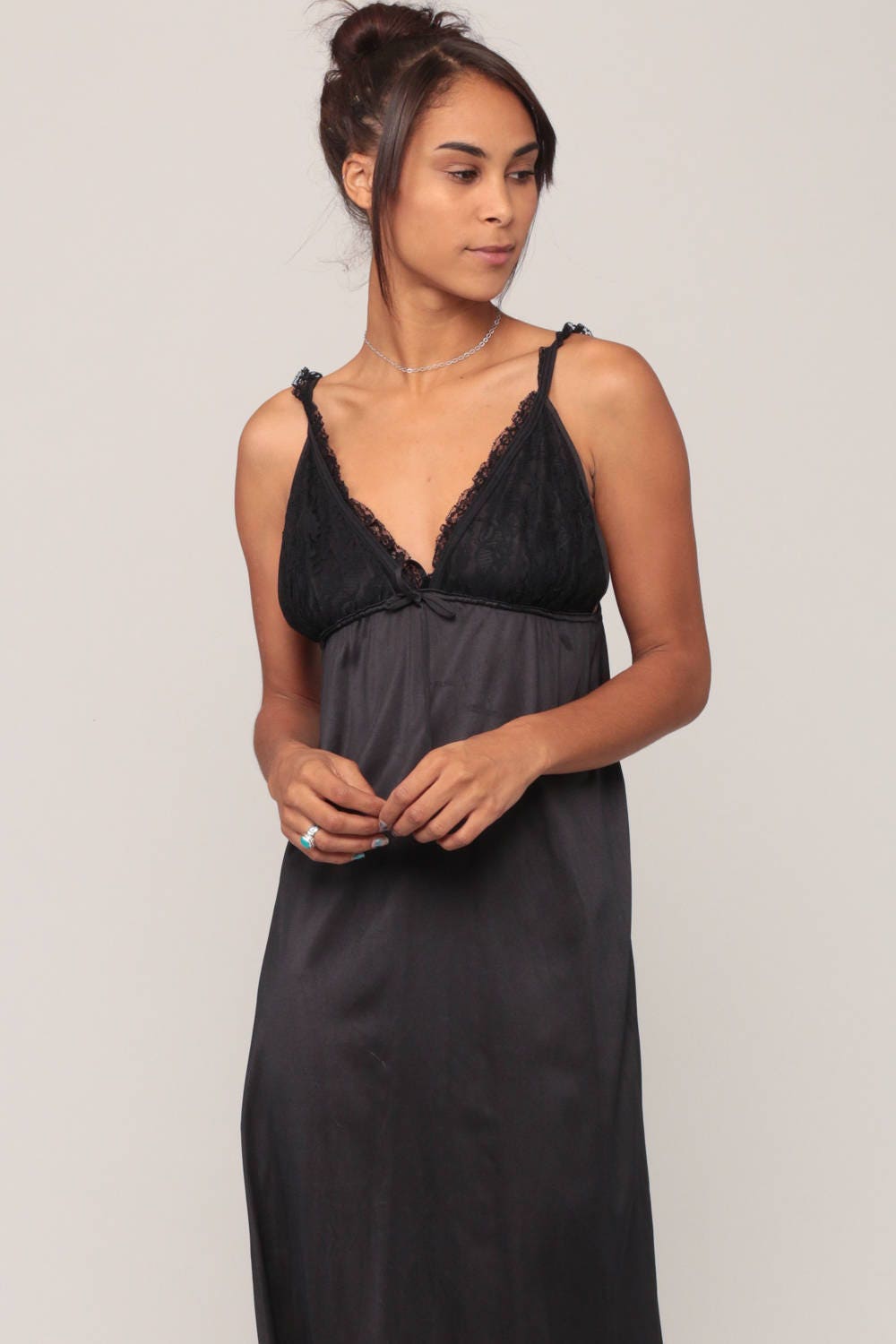70s Black Lace Maxi Slip Dress Empire Waist V-Neck Nightgown Small
