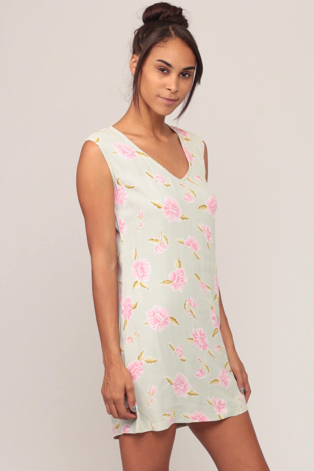 90s Floral Mini Dress Pink Moss Green V-Neck Shift Sundress Extra Small XS