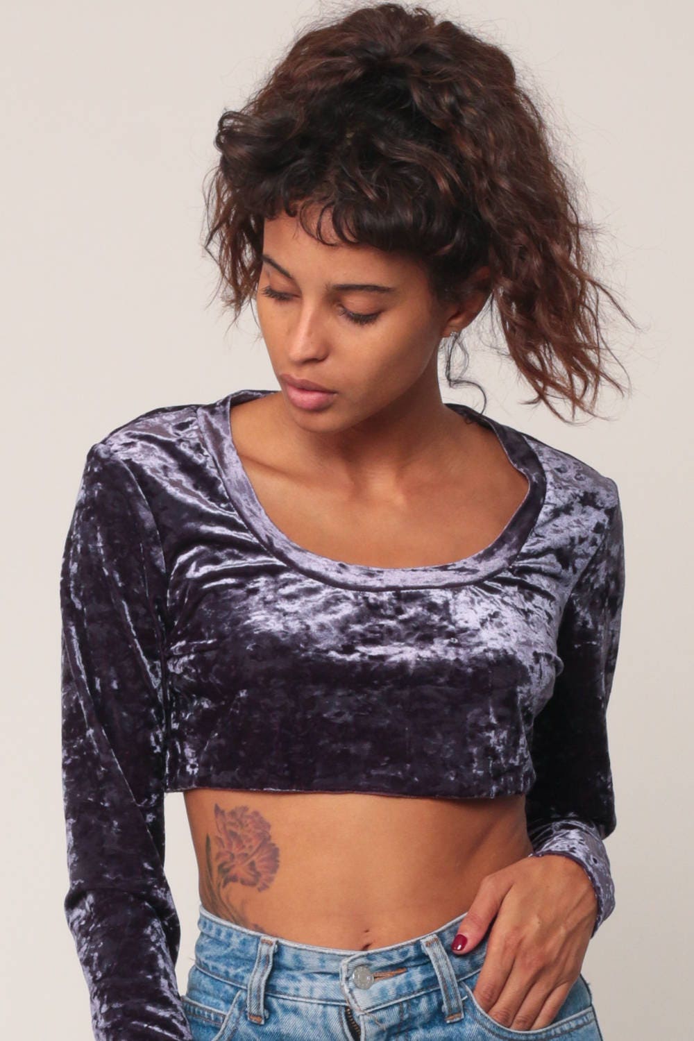 90s Purple Crushed Velvet Crop Top Long Sleeve Blouse Extra Small
