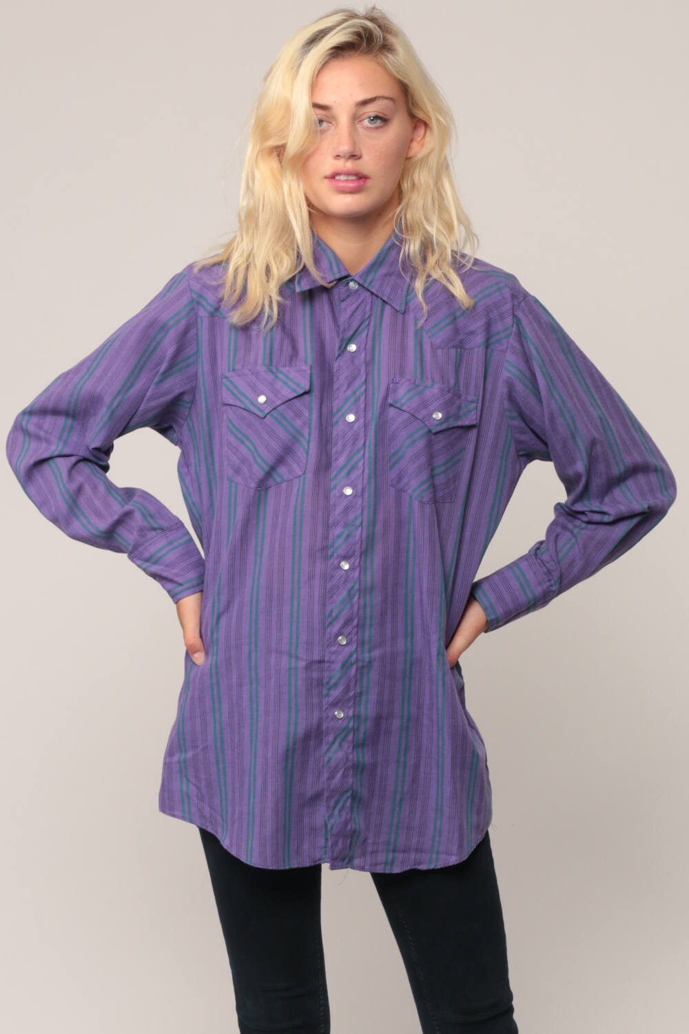 80s Western Pearl Snap Striped Purple Button-Up Shirt Medium