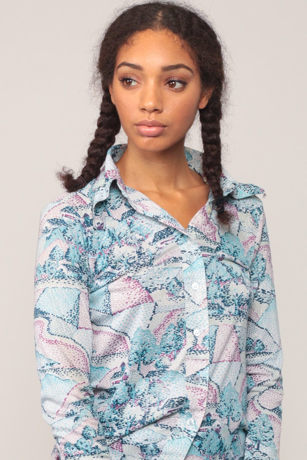 70s House Tree Print Button Up Shirt Blue Long Sleeve Blouse Medium