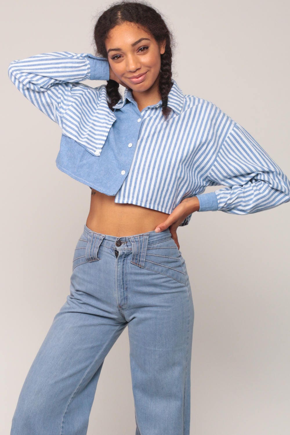80s Chambray Striped Crop Top Button-Up Blouse Long Sleeve Blue White Small