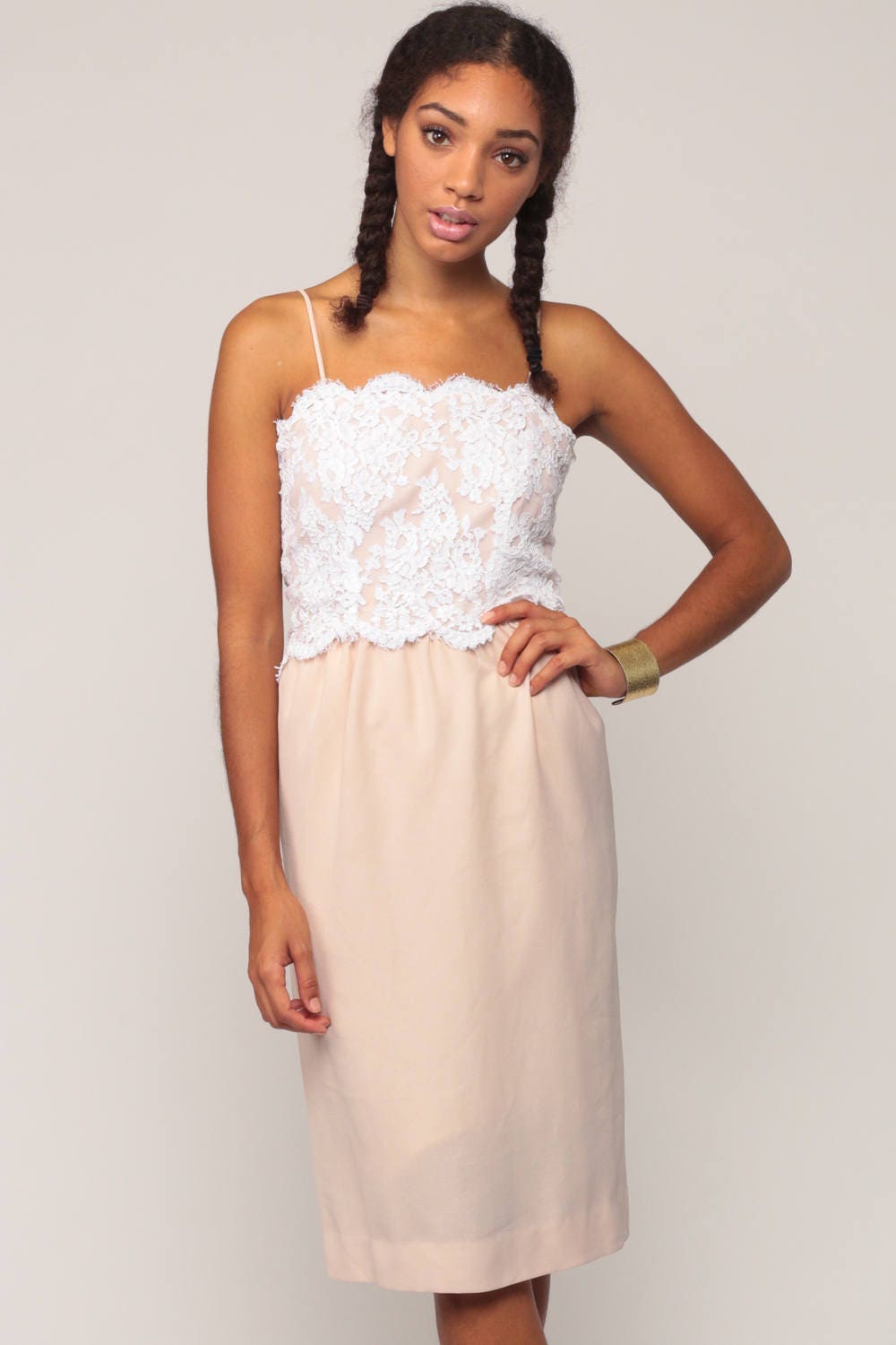 70s White Lace Midi Dress Spaghetti Strap High Waist Nude Skirt Extra Small