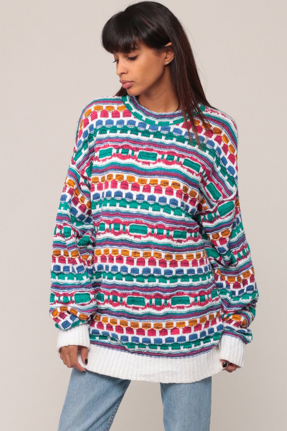 90s Striped Pullover Sweater Geometric Knit Blue Green Pink Large