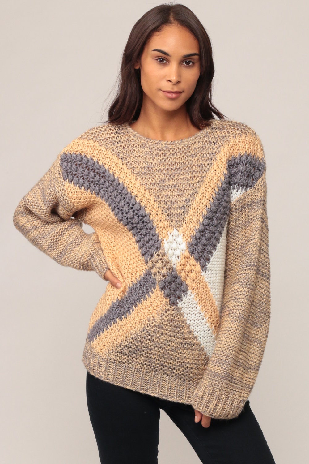 90s Striped X Pullover Sweater Open Weave Knit Grey Tan Medium