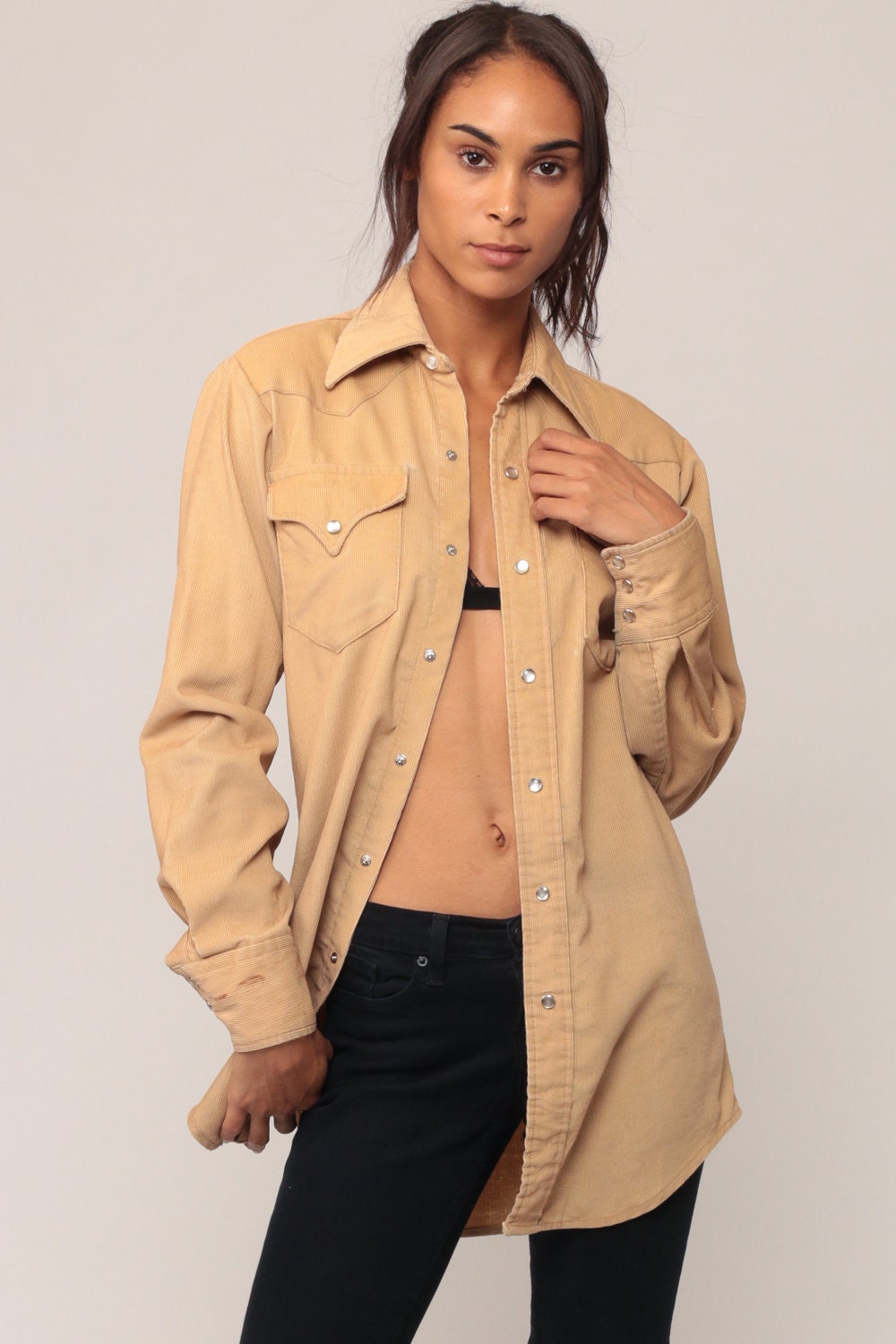 70s Tan Corduroy Pearl Snap Western Shirt Long Sleeve Unisex Small