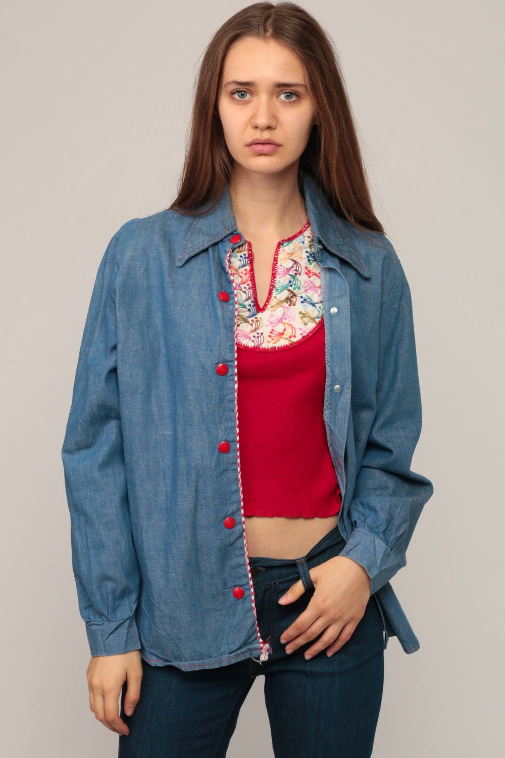 70s Blue Denim Shirt Red Snap Button Up Long Sleeve Unisex Large