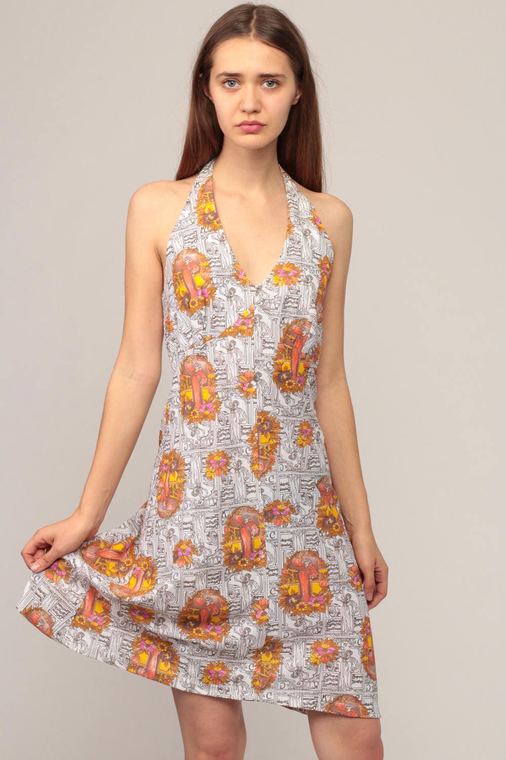 70s Halter Neck Mini Dress Floral Lady Print Deep V Open Back Medium