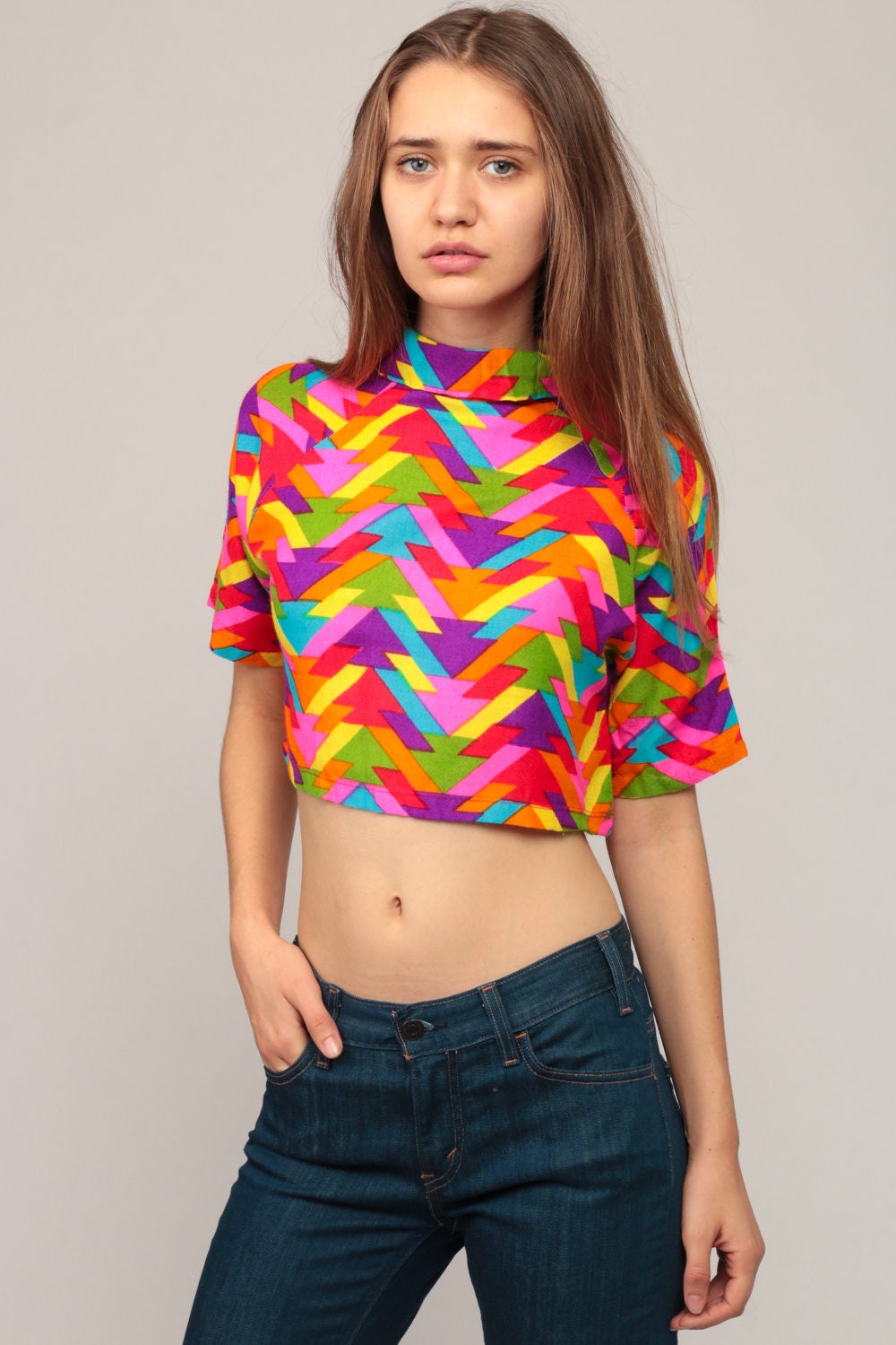 70s Rainbow Geometric Crop Top Turtleneck Short Sleeve Small