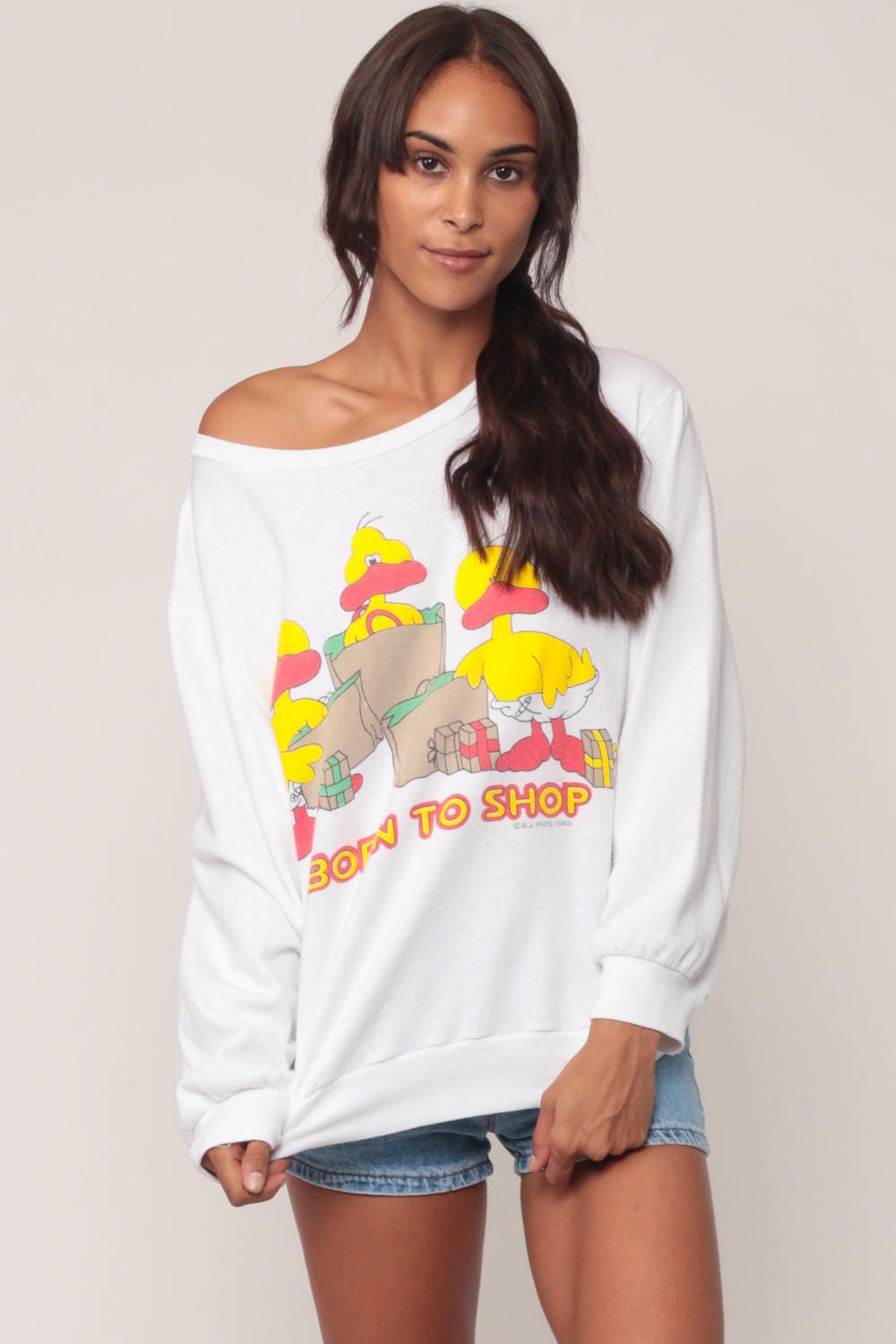 80s Born to Shop Duck Graphic Sweatshirt Cartoon Jumper Extra Large XL