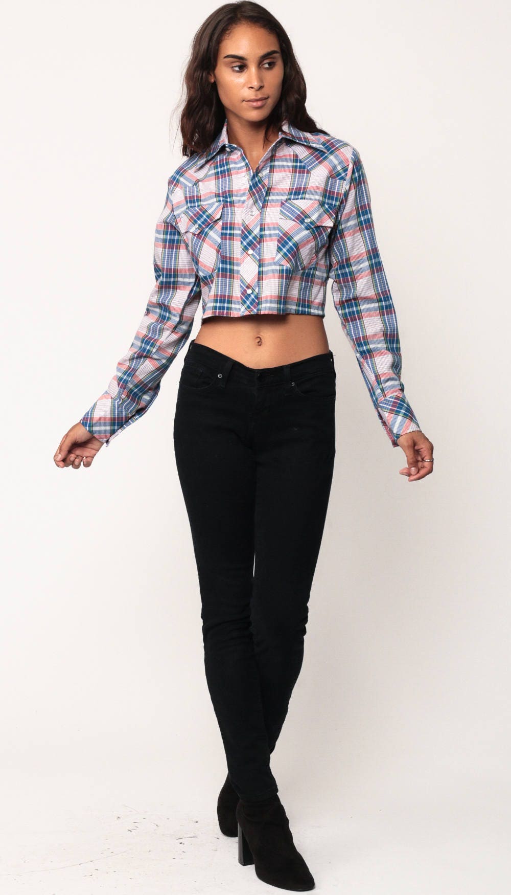 70s Blue Plaid Pearl Snap Western Crop Blouse Long Sleeve Small