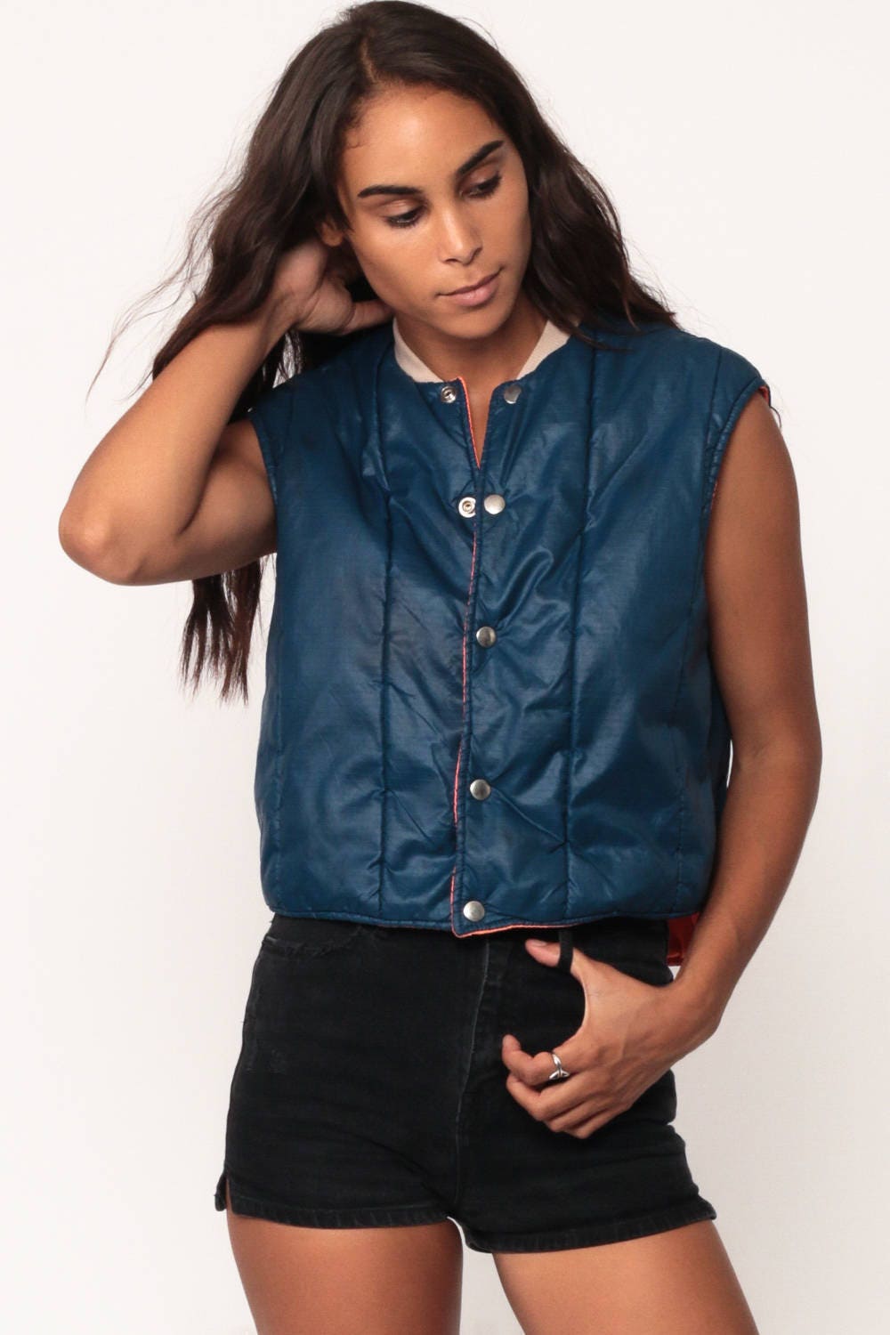 70s 80s Reversible Puffer Vest Blue Orange Sleeveless Jacket Extra Small