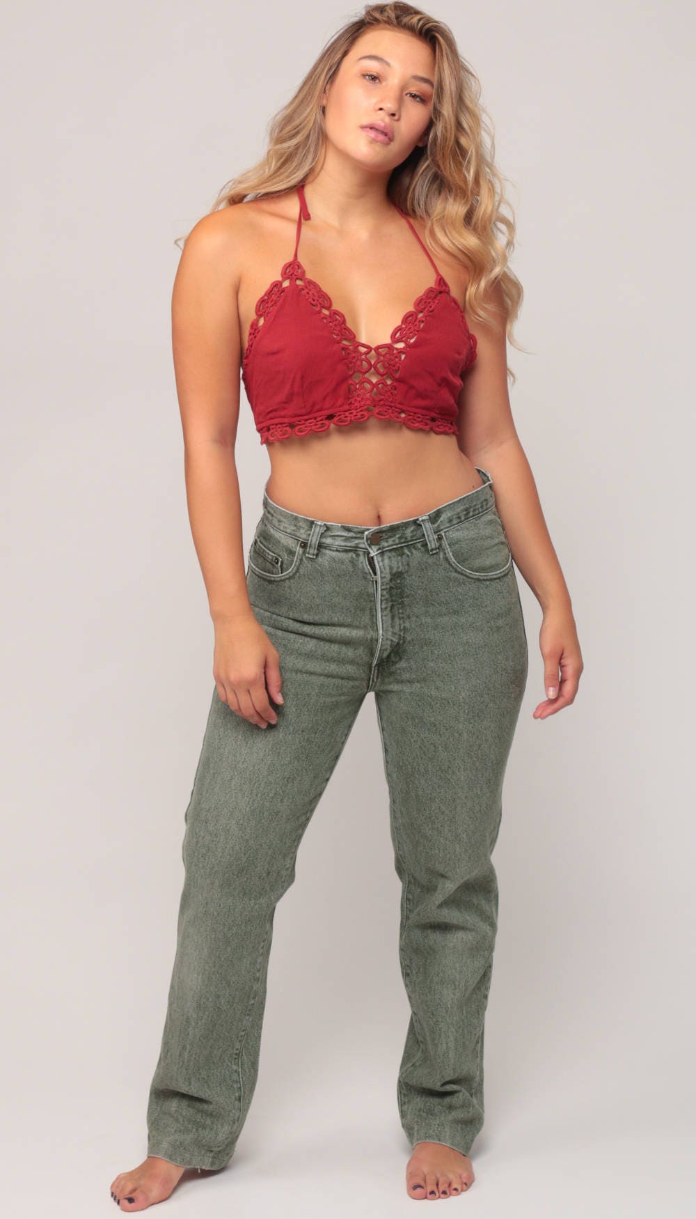 80s Guess High Waist Mom Jeans Stone Wash Green Denim Tapered Medium