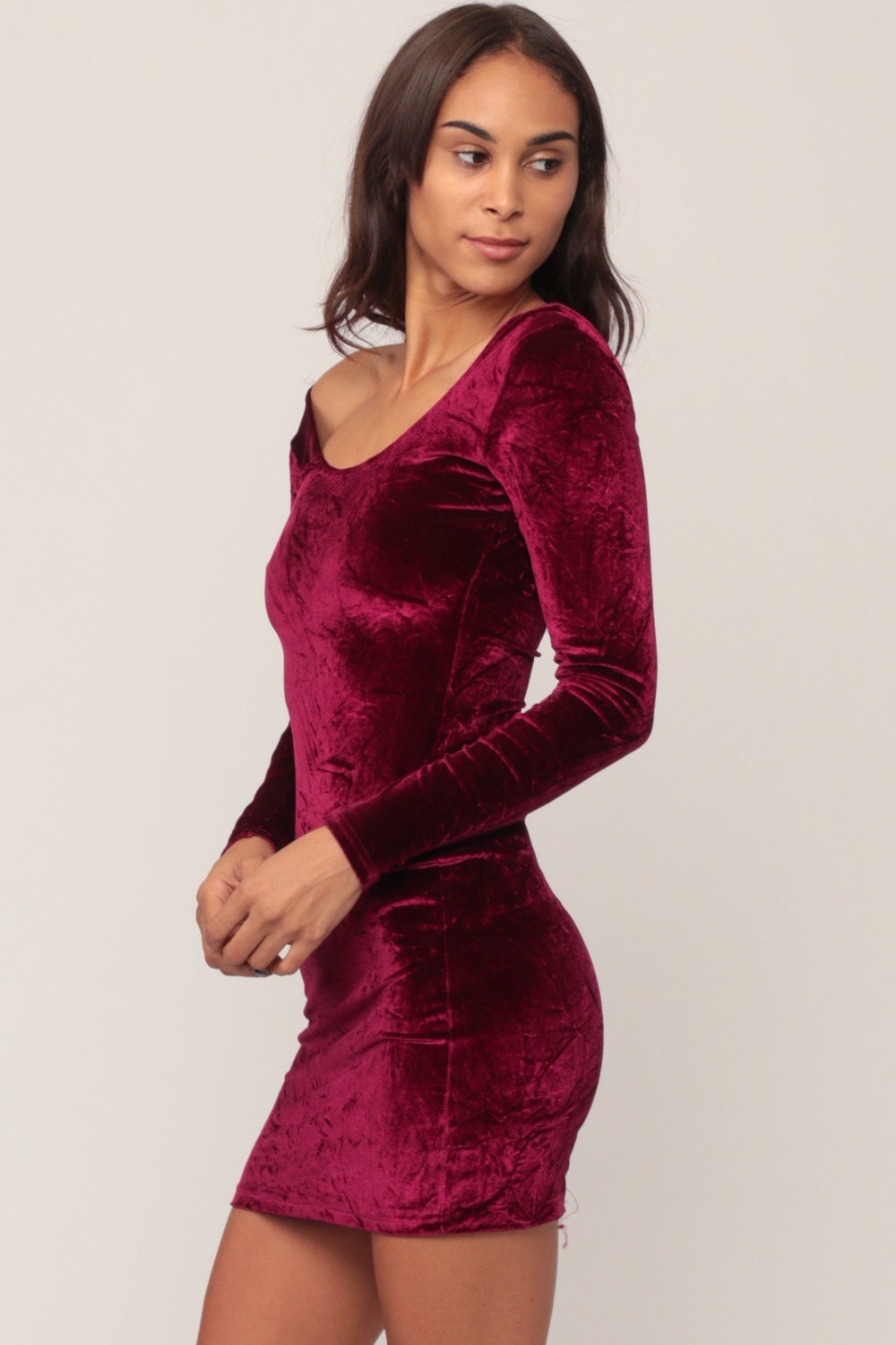 90s Wine Velvet Bodycon Mini Dress Long Sleeve Extra Small