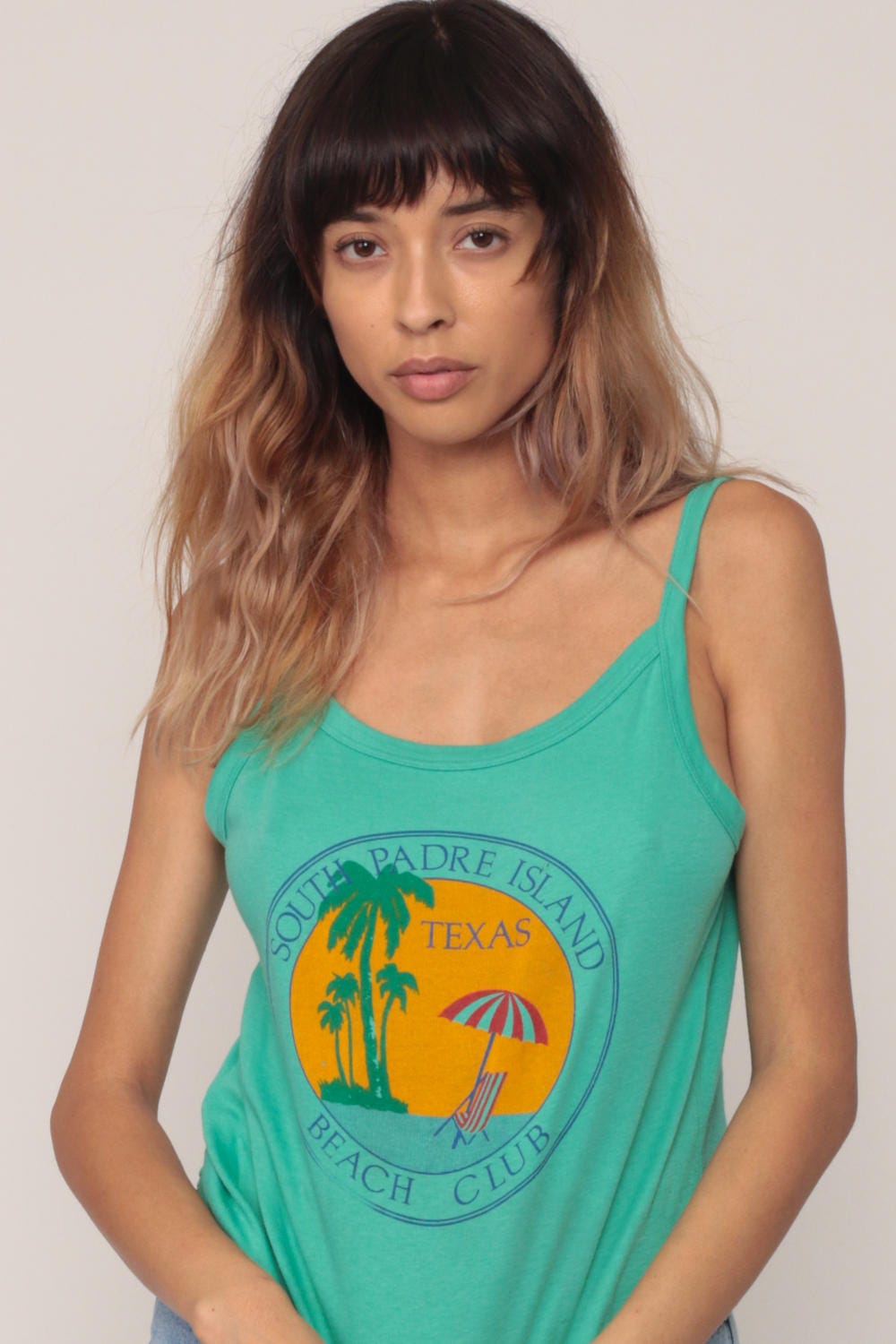80s South Padre Island Palm Tree Tank Top Green Spaghetti Strap Camisole Medium