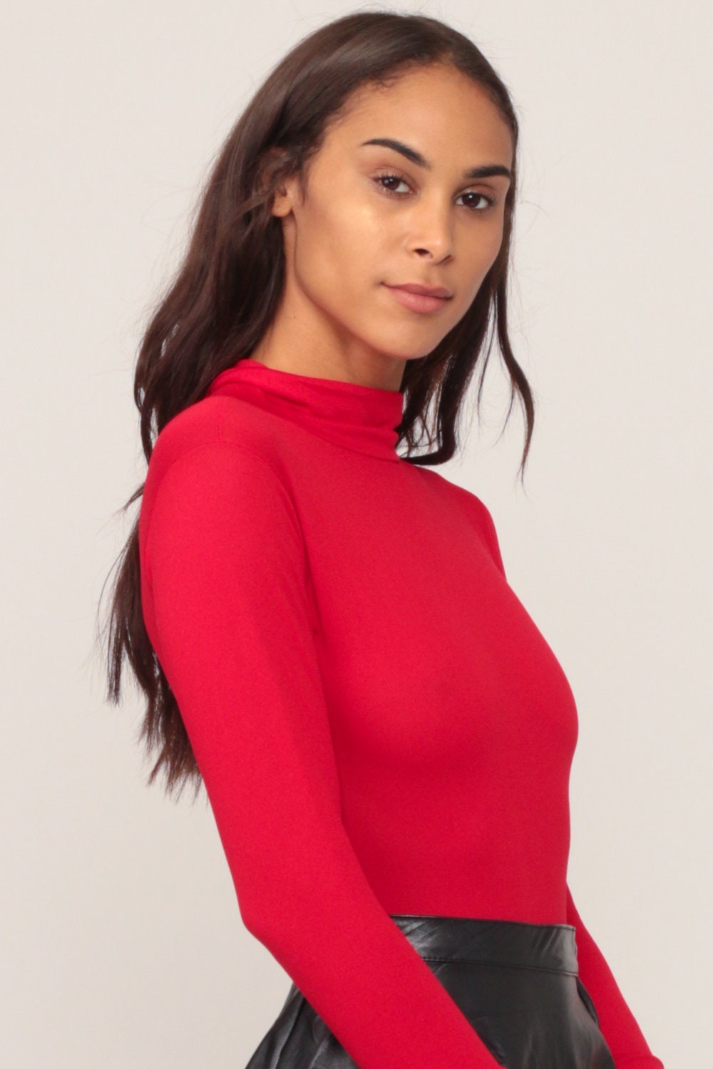 70s Red Turtleneck Bodysuit Long Sleeve Leotard Sheer Small