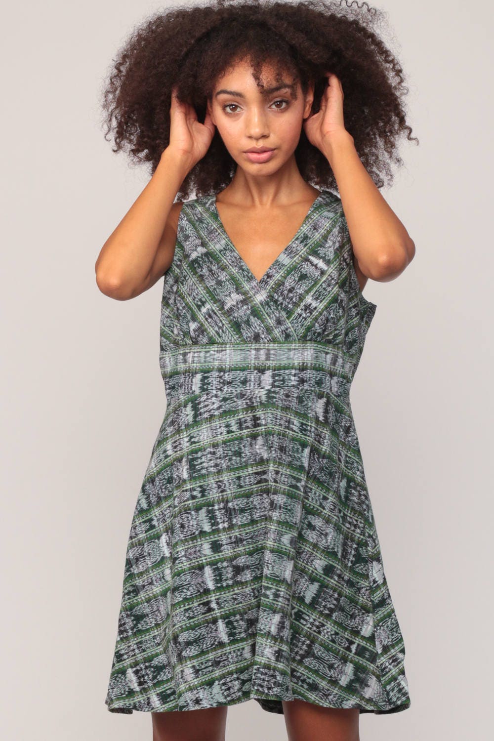 90s Tribal Print Babydoll Dress Empire Waist Mini Green Medium Large