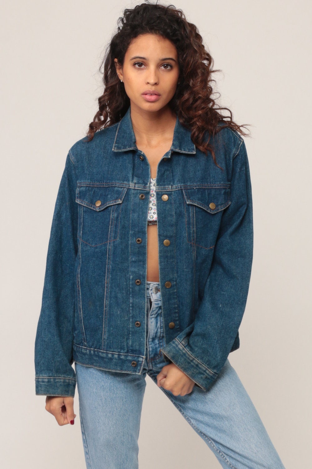 80s Bald Eagle Endangered Denim Jacket Blue Jean Snap Button Extra Small