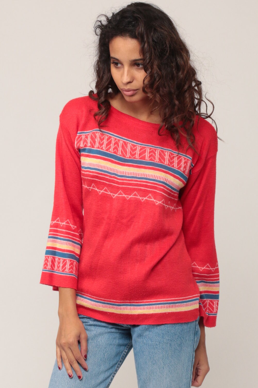 70s Red Striped Knit Sweater Pullover Geometric Small