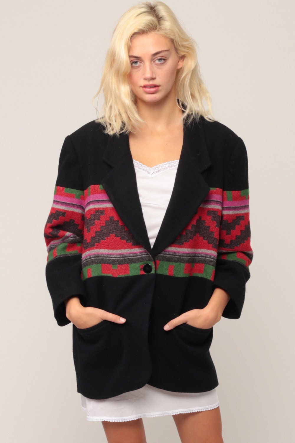 80s Southwestern Wool Blend Blazer Black Aztec Print Medium