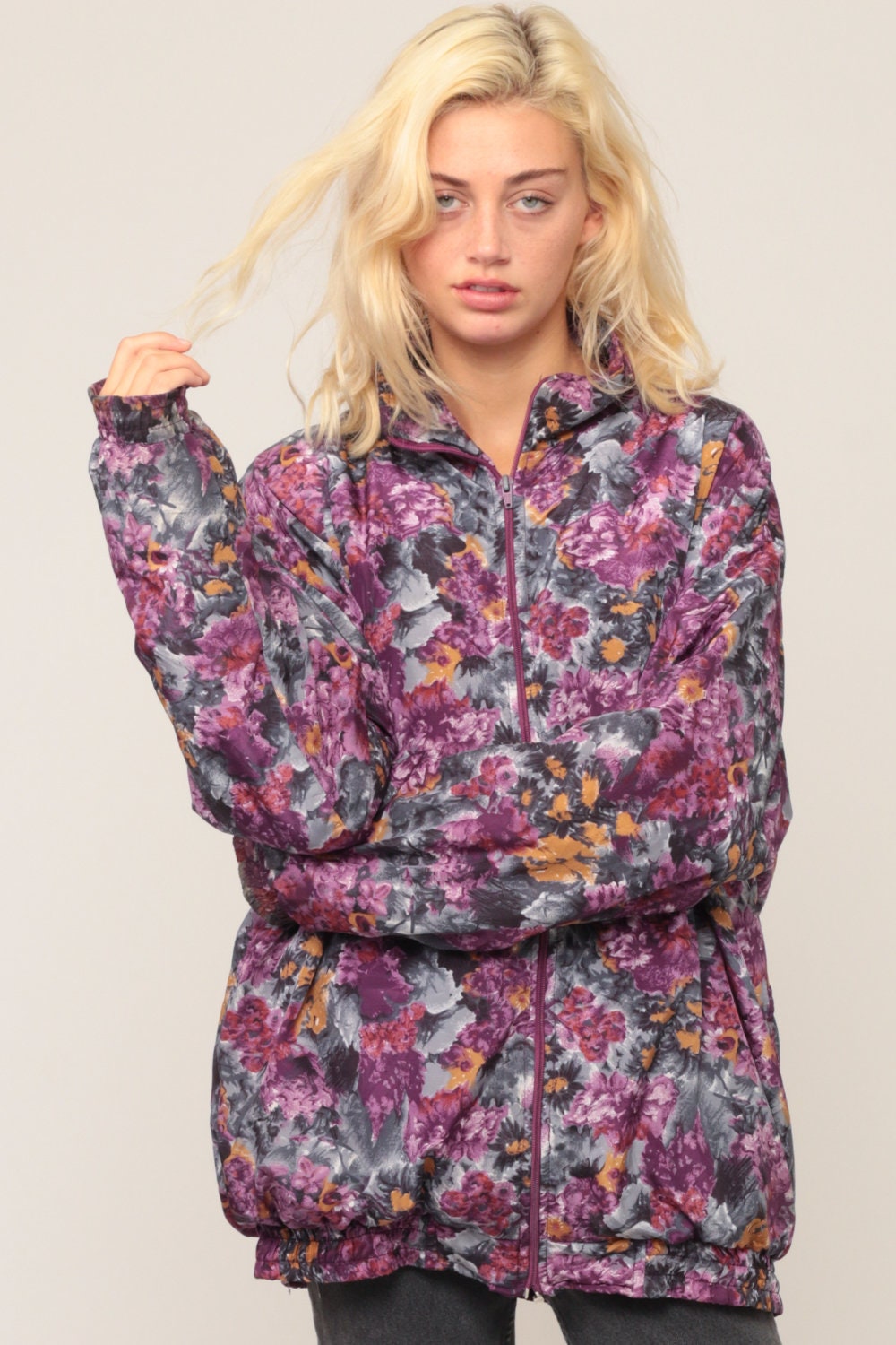 90s Purple Floral Windbreaker Jacket Nylon Zip Front Large