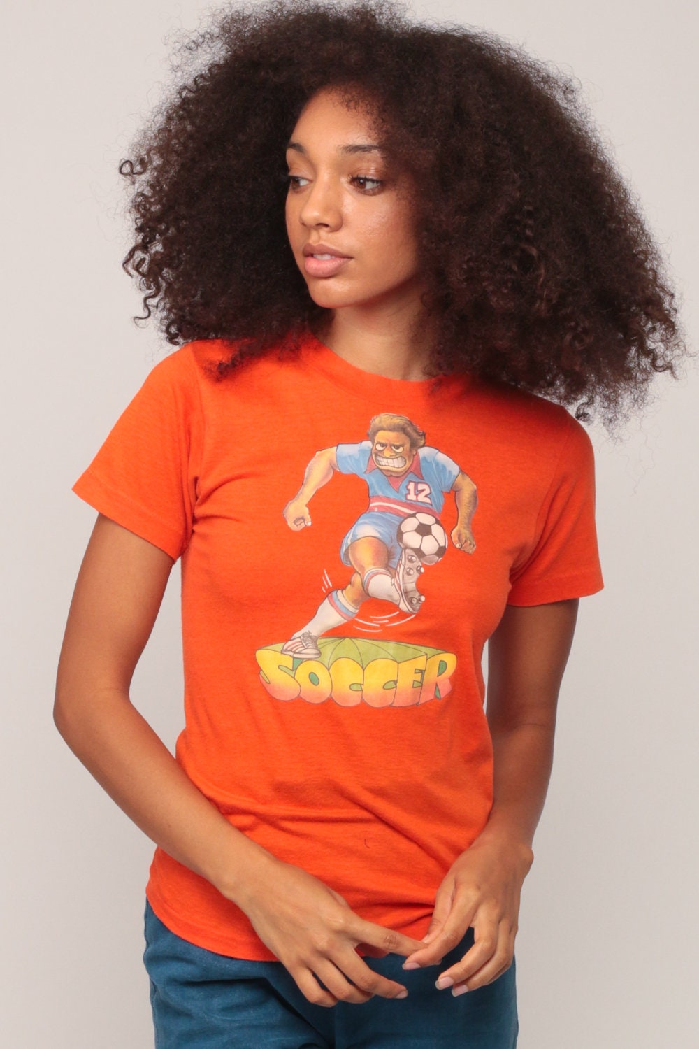 80s Soccer Graphic T-Shirt Orange Cotton Blend Extra Small XS