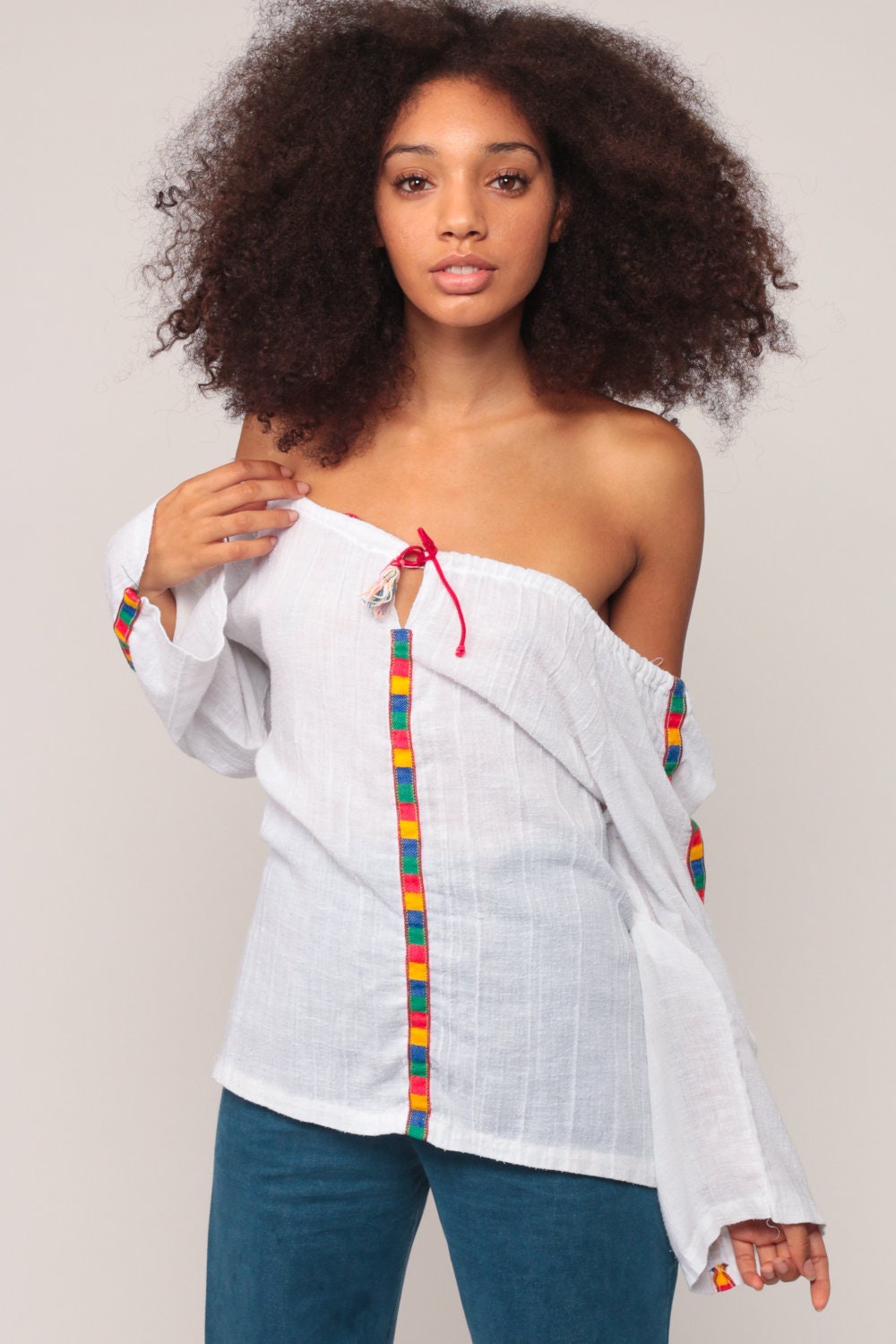 70s White Cotton Peasant Blouse Long Sleeve Drawstring Tunic Medium Large