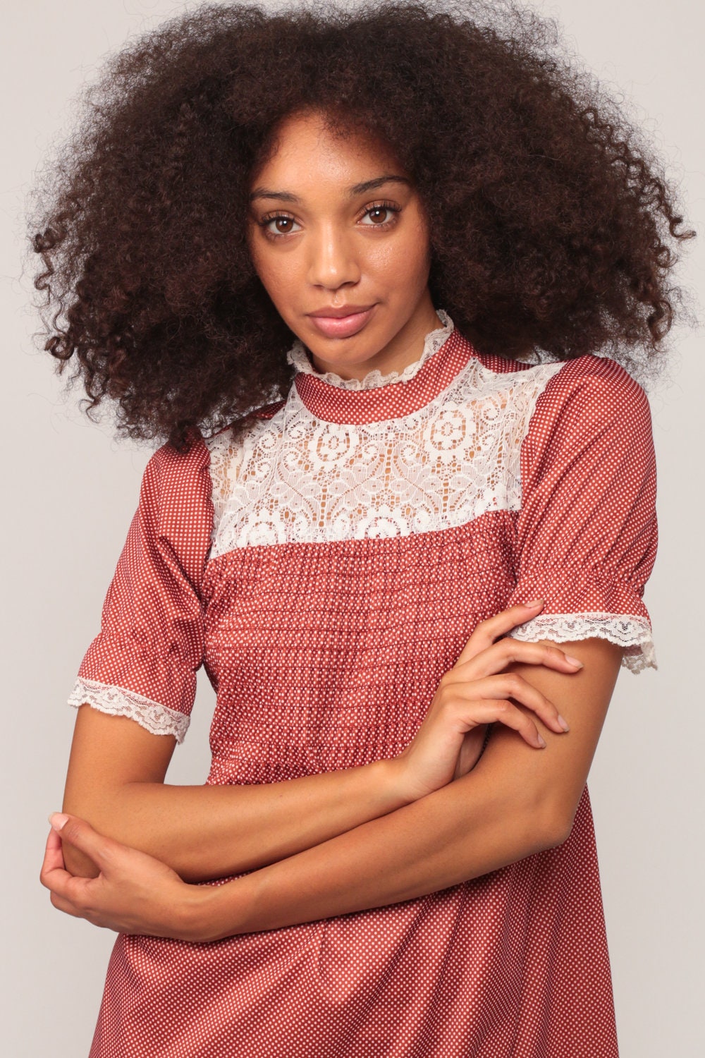 70s Rust Polka Dot Babydoll Mini Dress Puff Sleeve Lace Bib Small Medium
