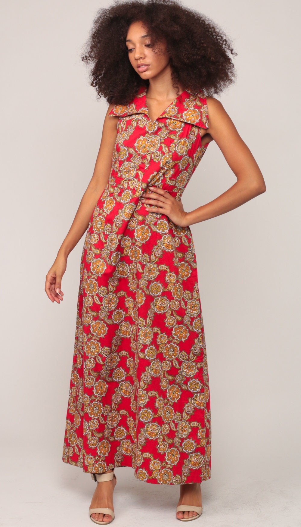 70s Paisley Print Maxi Dress High Waisted Sleeveless Red Small Medium