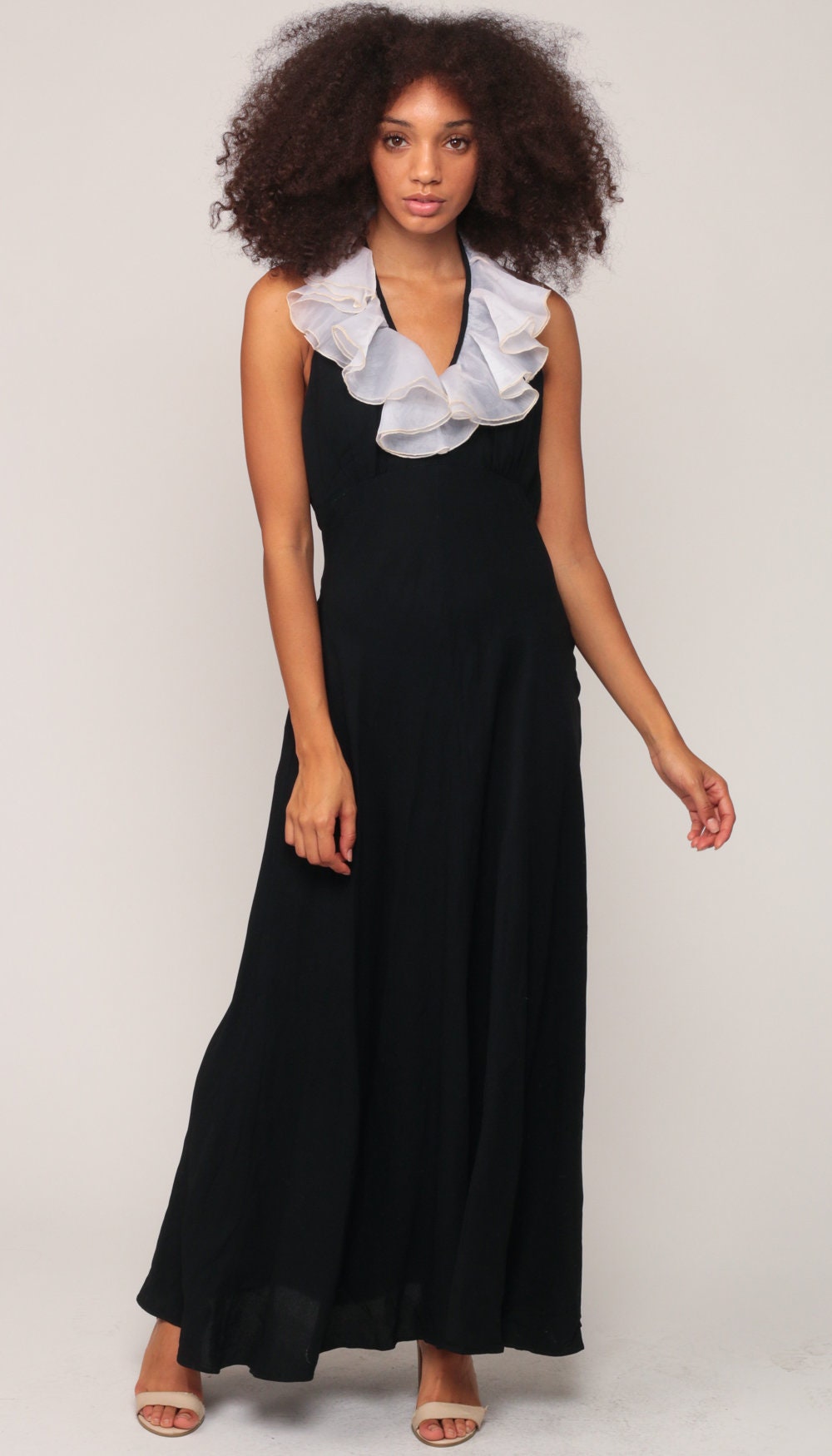 70s Black Maxi Dress Halter Neck White Ruffle Deep V Empire Waist Medium