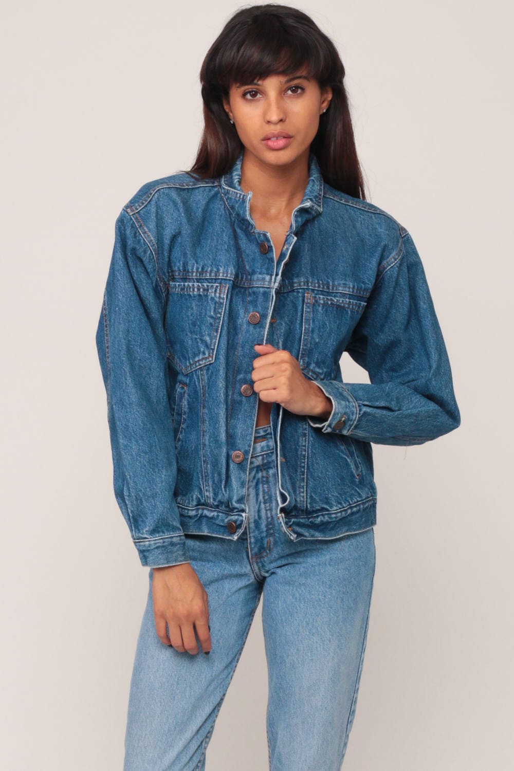 80s Blue Denim Trucker Jacket Stone Wash Jean Coat Small