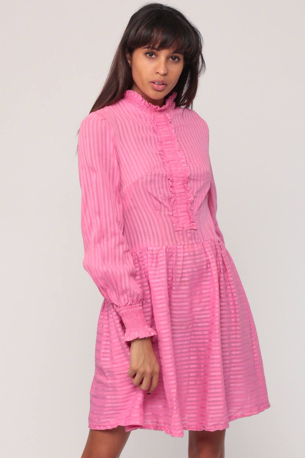 60s Pink Mod Mini Dress Ruffle Chest Long Sleeve Small