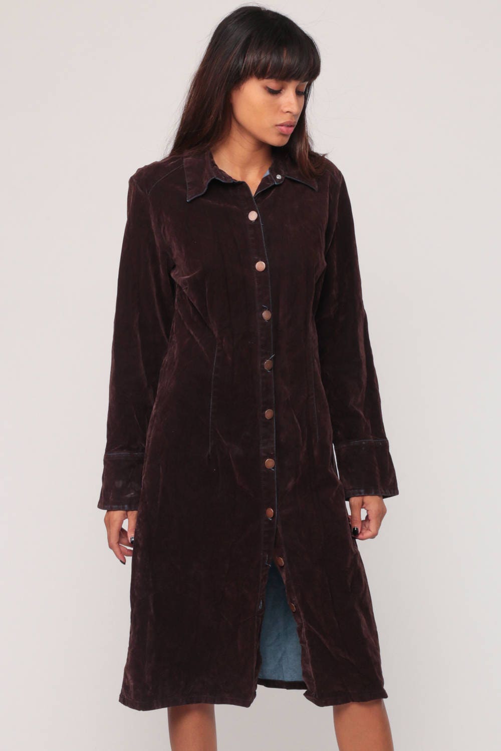 90s Brown Velvet Mini Dress Long Sleeve Button-Up Small