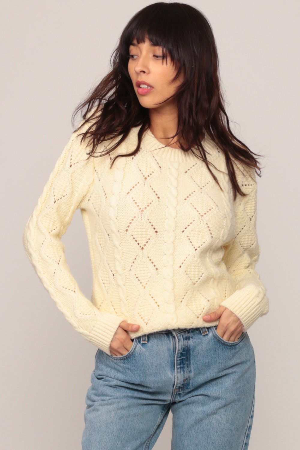 80s Wool Cable Knit Sweater Cream Fisherman Pullover Diamond Cutout Large