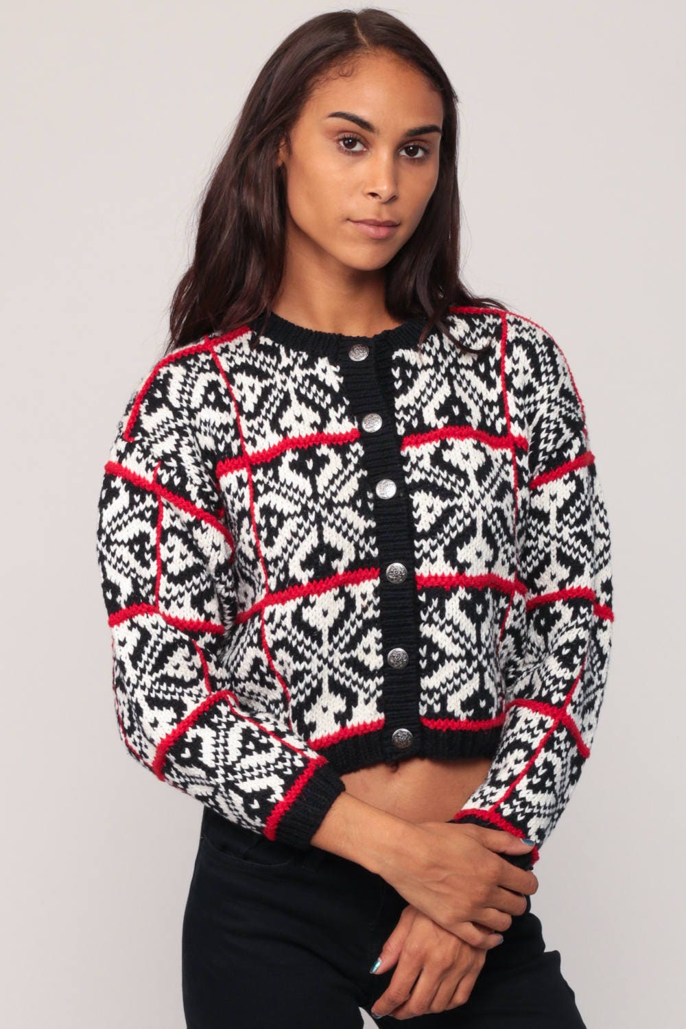 90s Norwegian Fair Isle Cardigan Black White Red Cotton Small