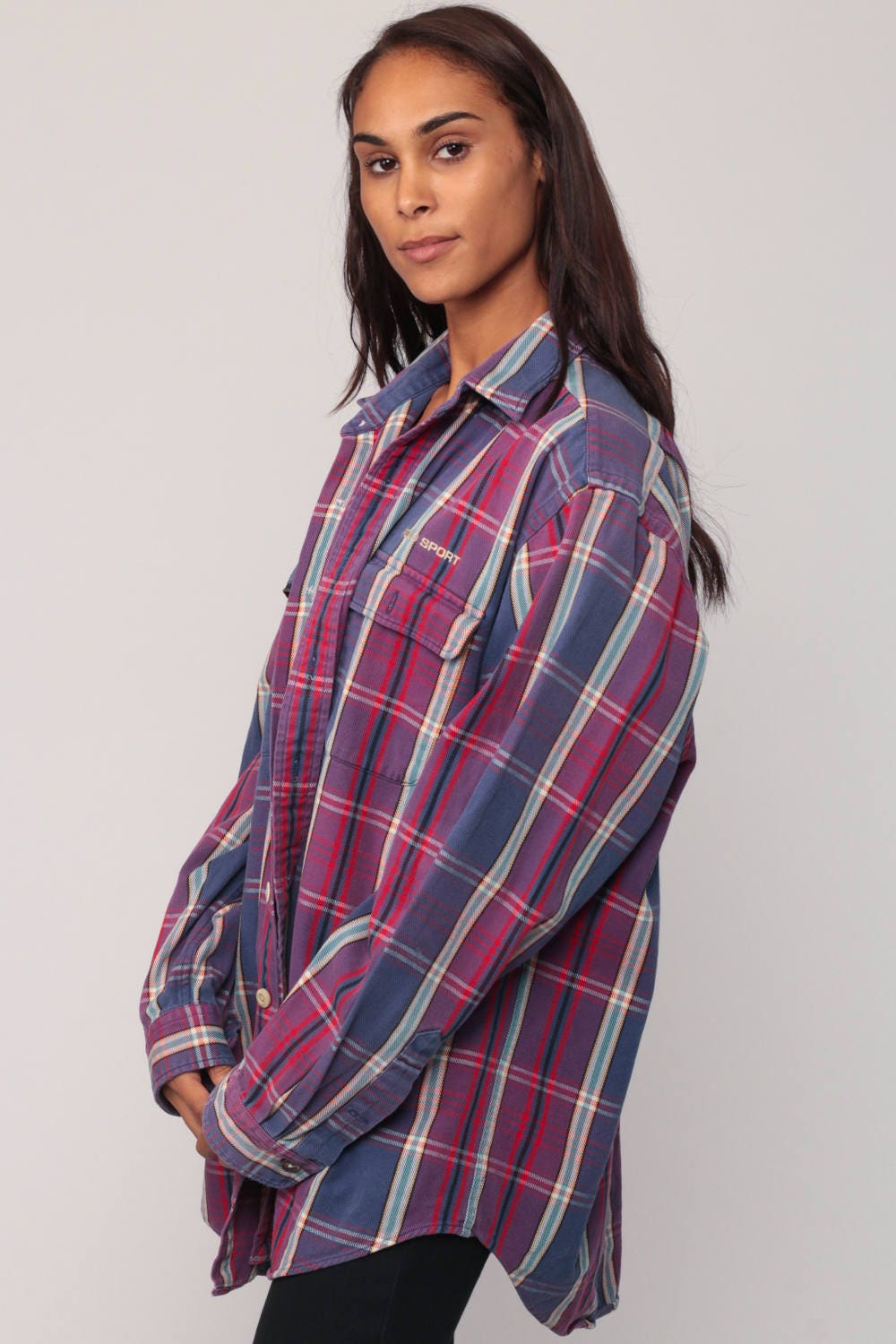 Polo Sport 90s Plaid Shirt Purple Blue Cotton Button-Up Extra Large XL