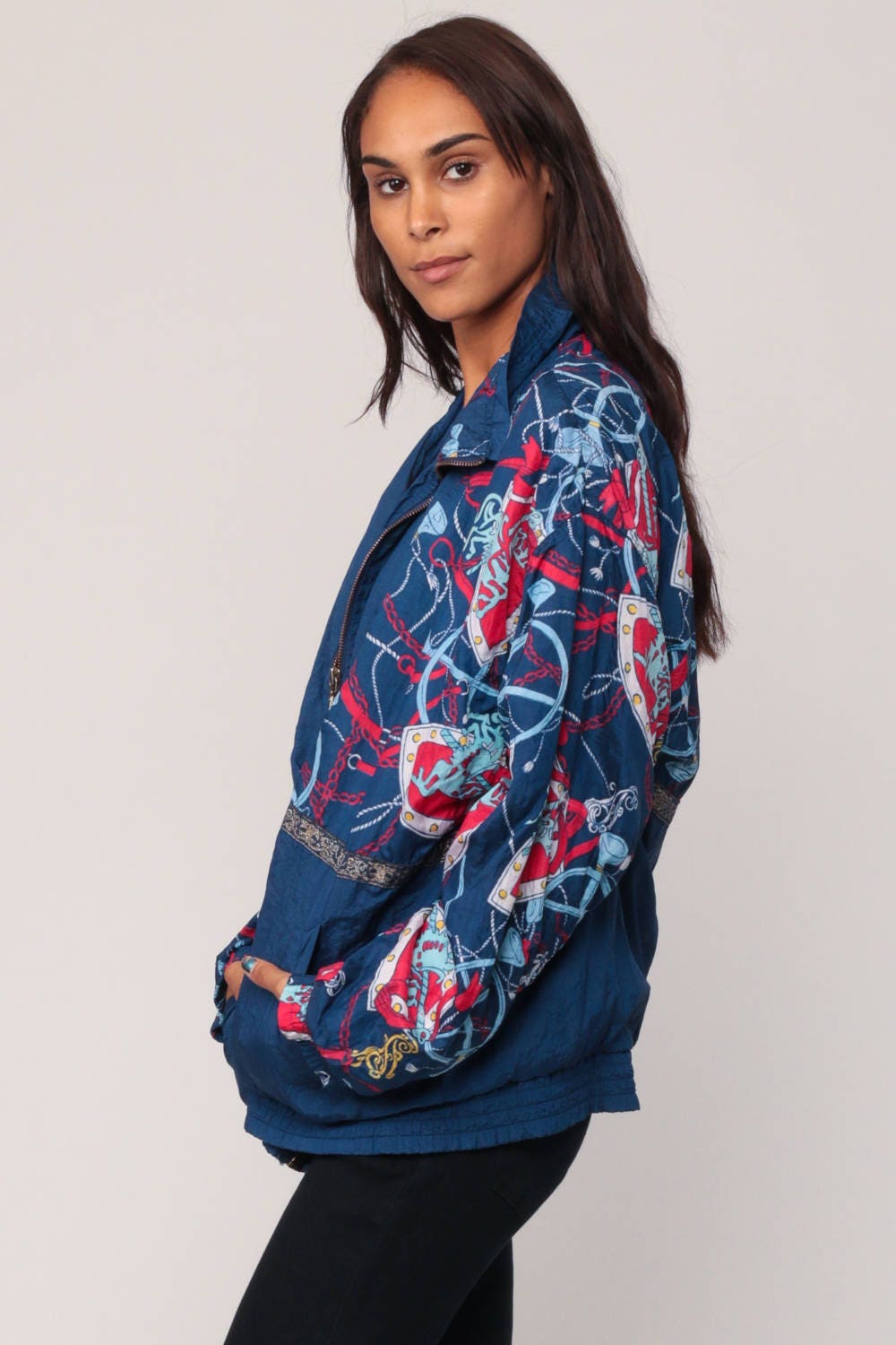 90s Carousel Horse Windbreaker Jacket Blue Nylon Track Coat Large