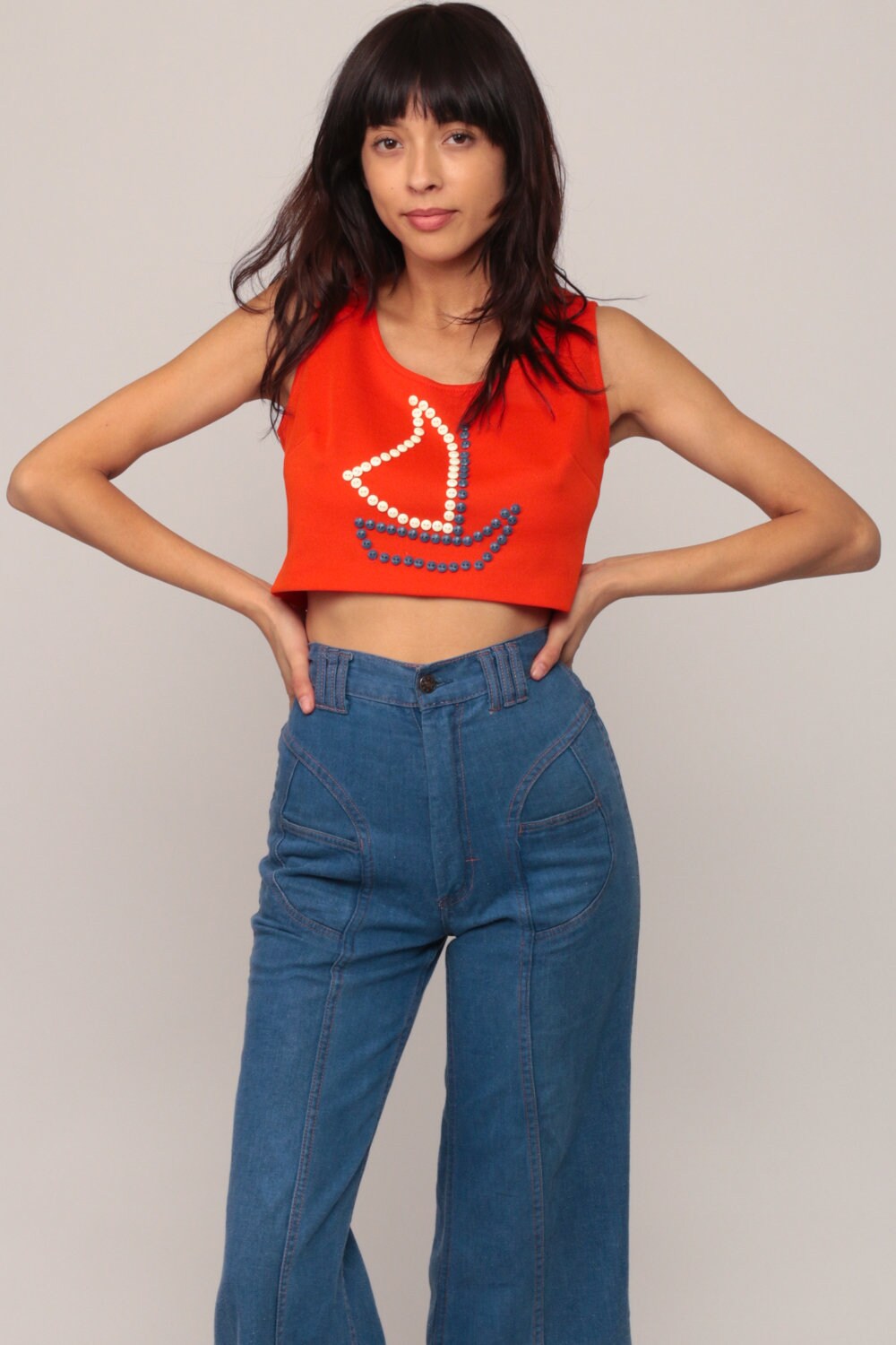 70s Sailboat Button Halter Crop Top Orange Nautical Blouse Small
