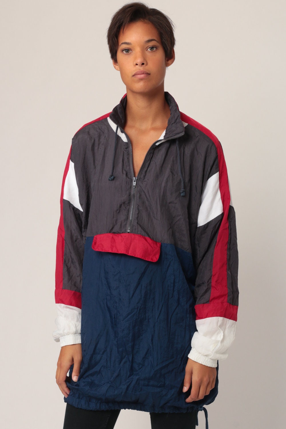 80s Windbreaker Jacket Half Zip Pullover Colour Block Striped Brown Blue Extra Large