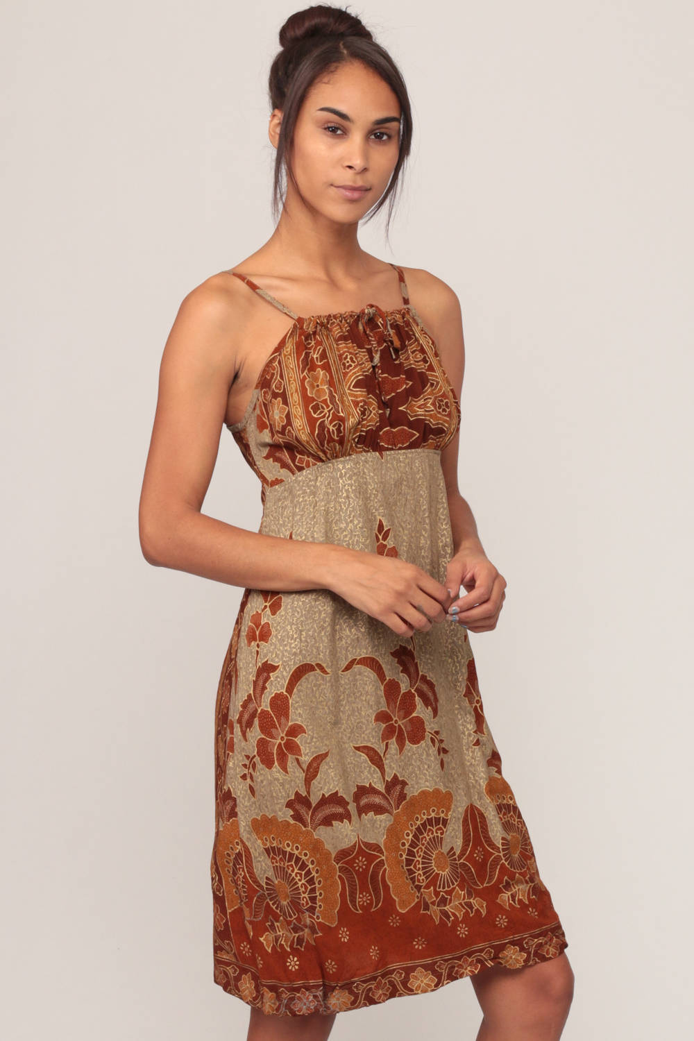 90s Indian Batik Floral Mini Dress Brown Spaghetti Strap Empire Waist Small